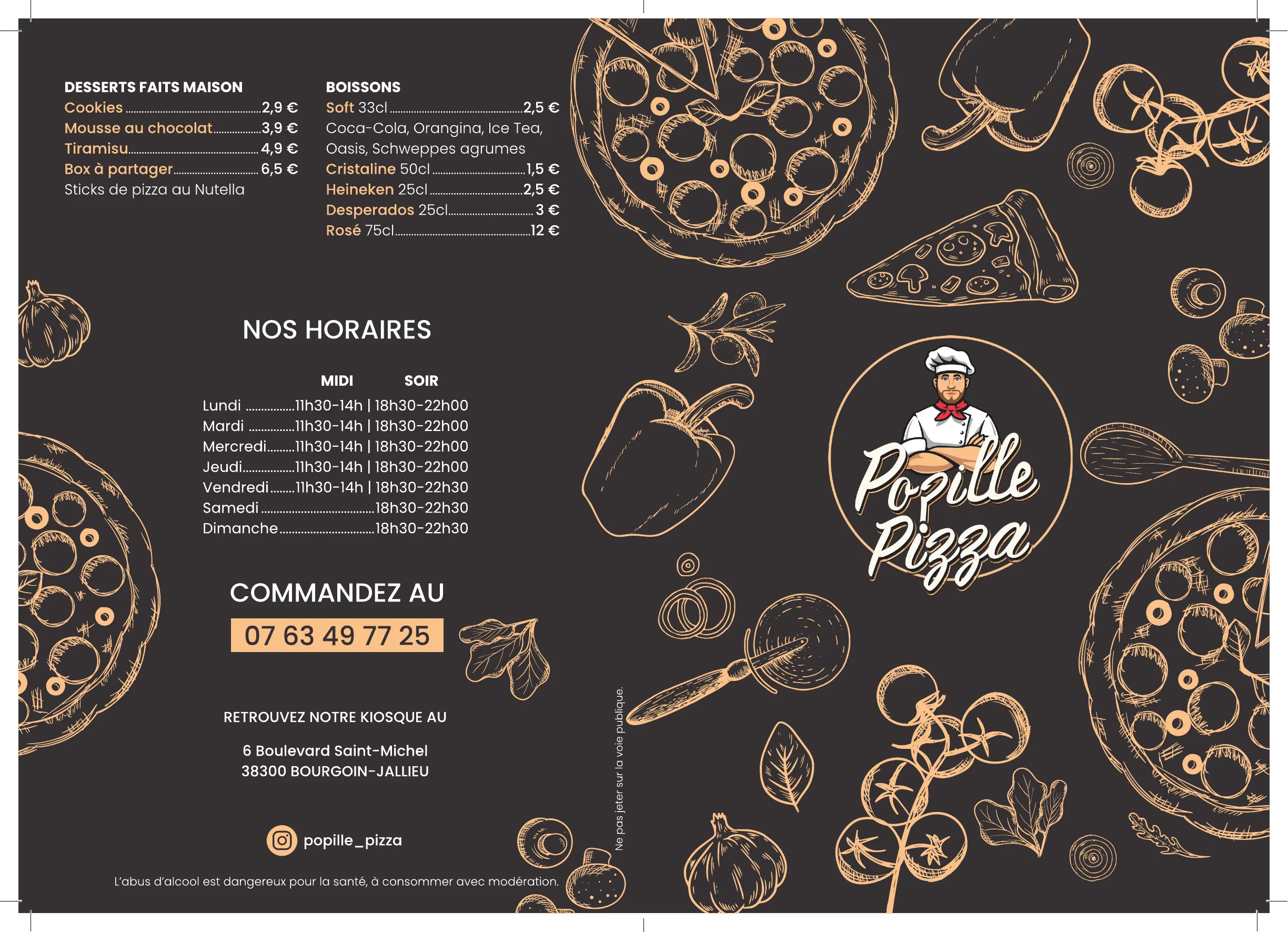 Menu Popille Pizza - Pizzas base tomate, base crème, spéciales et formule midi